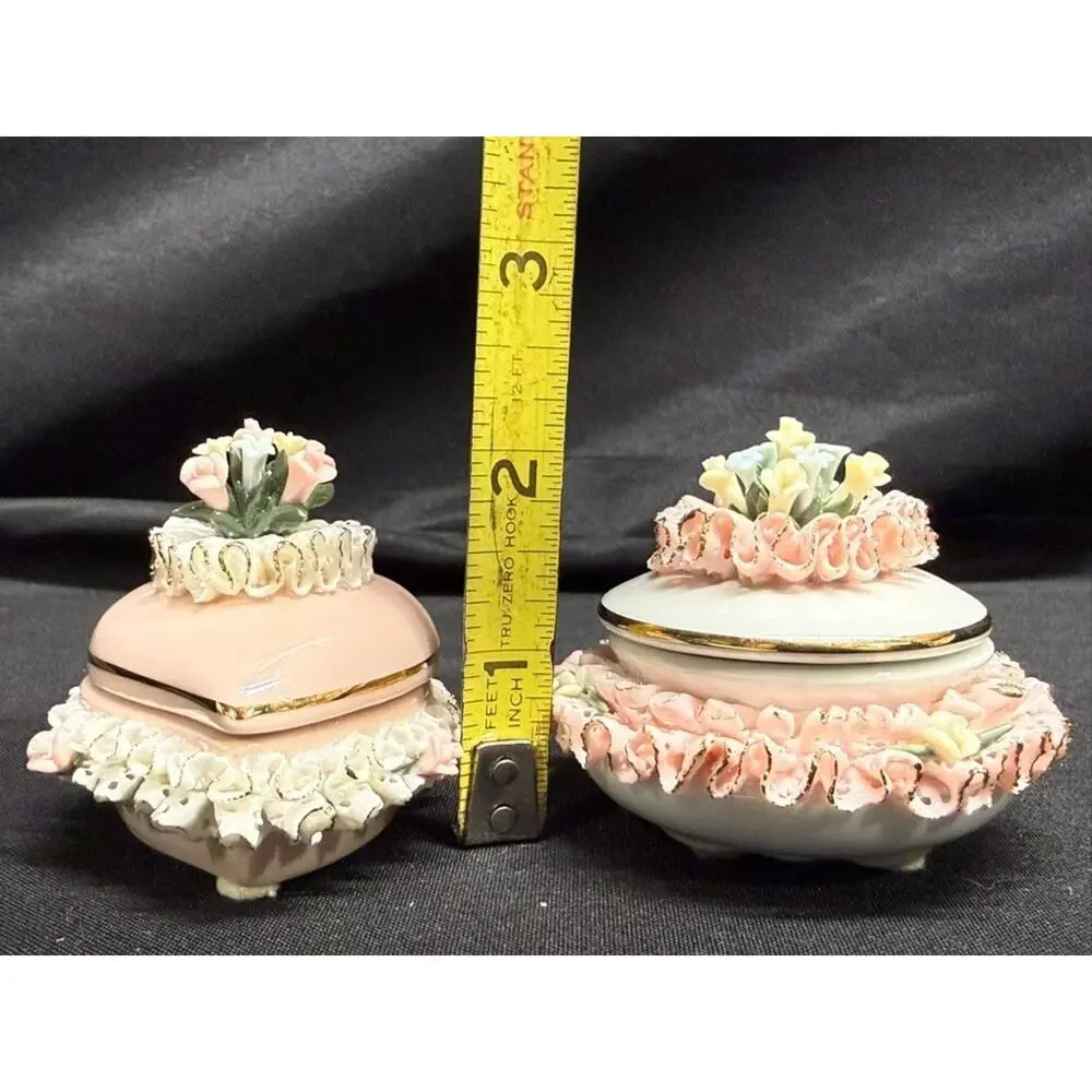 Set of 2 capodimonte porcelain trinket/jewelry boxes pink flowers heart Italy